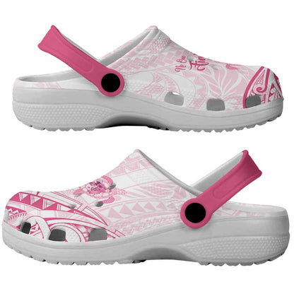 Polynesia Breast Cancer Support Clogs Shoes No One Fights Alone Turtle Ribbon White