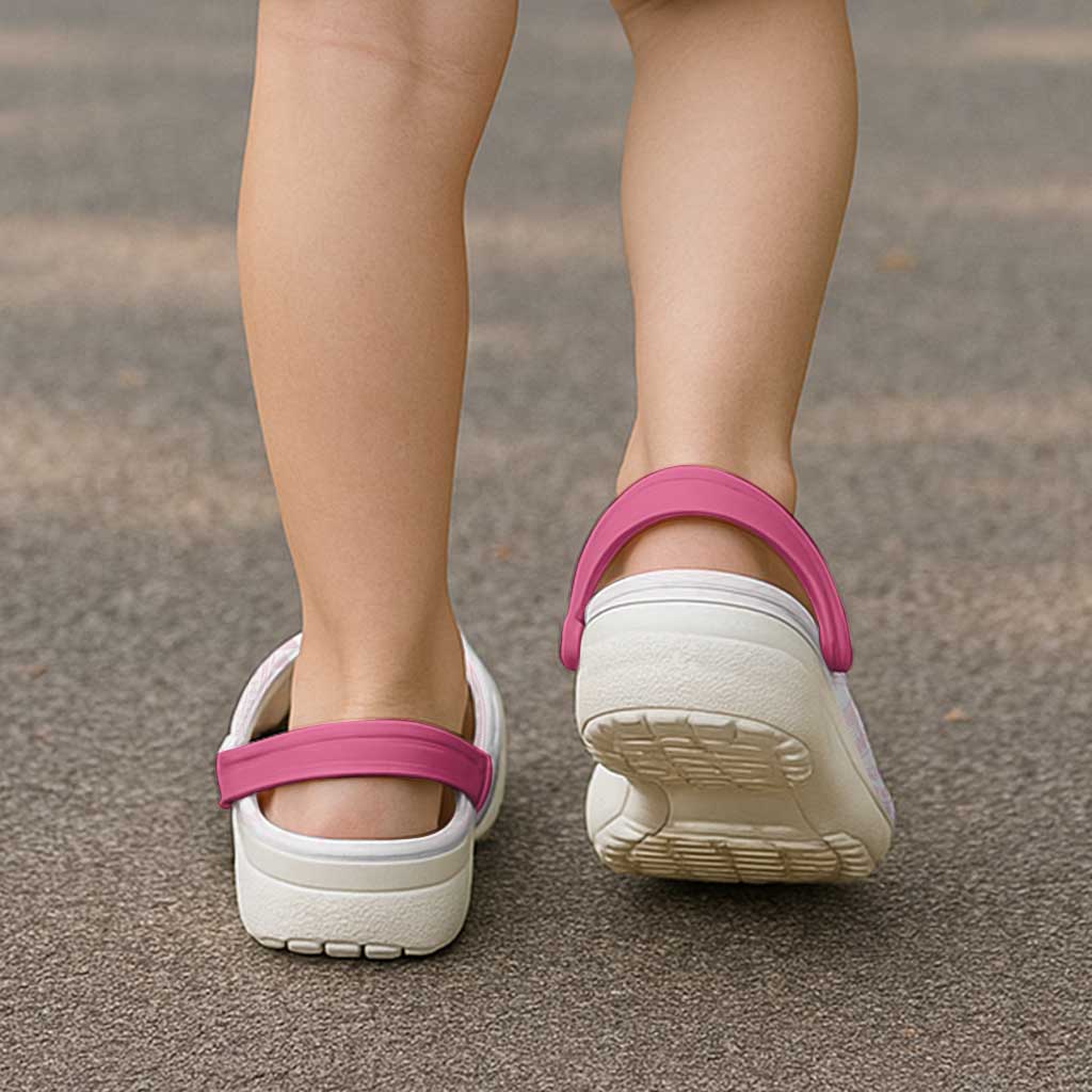 Polynesia Breast Cancer Support Clogs Shoes No One Fights Alone Turtle Ribbon White