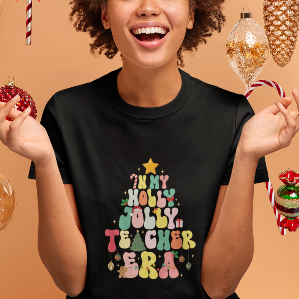 in-my-holly-jolly-teacher-era-xmas-groovy-christmas-tree-t-shirt