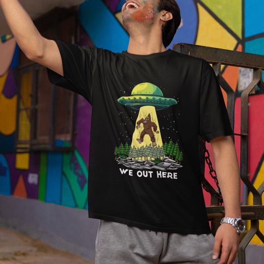 funny-bigfoot-and-ufo-we-out-here-sasquatch-t-shirt