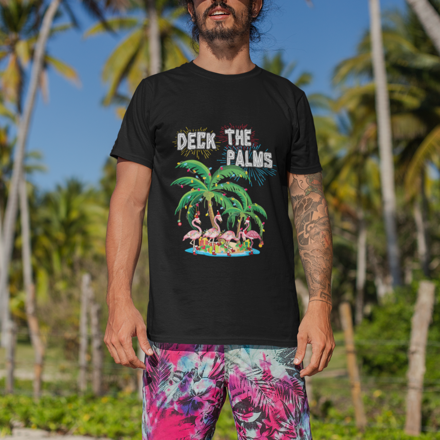 christmas-in-hawaii-t-shirt-deck-the-palms-firework-merry-christmas-flamingo