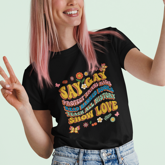 retro-groovy-t-shirt-say-gay-protect-trans-kids-read-banned-books-lgbt-groovy