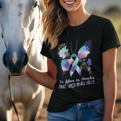 we-believe-in-miracles-fight-cancer-in-all-color-butterfly-flower-t-shirt