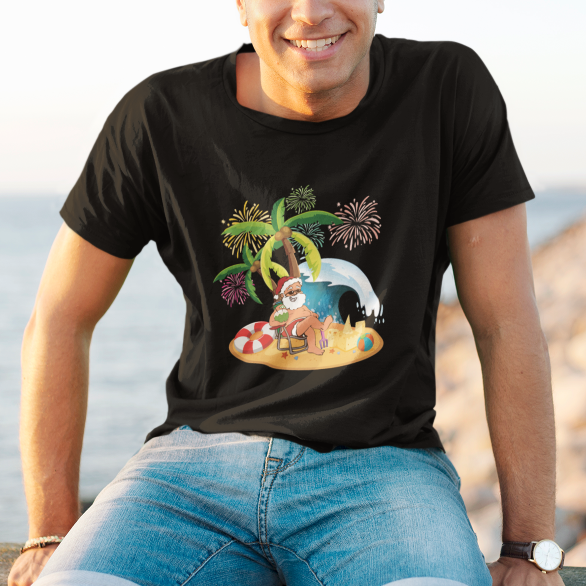 christmas-in-hawaii-t-shirt-palm-tree-firework-santa-at-beach-drinking-coconut