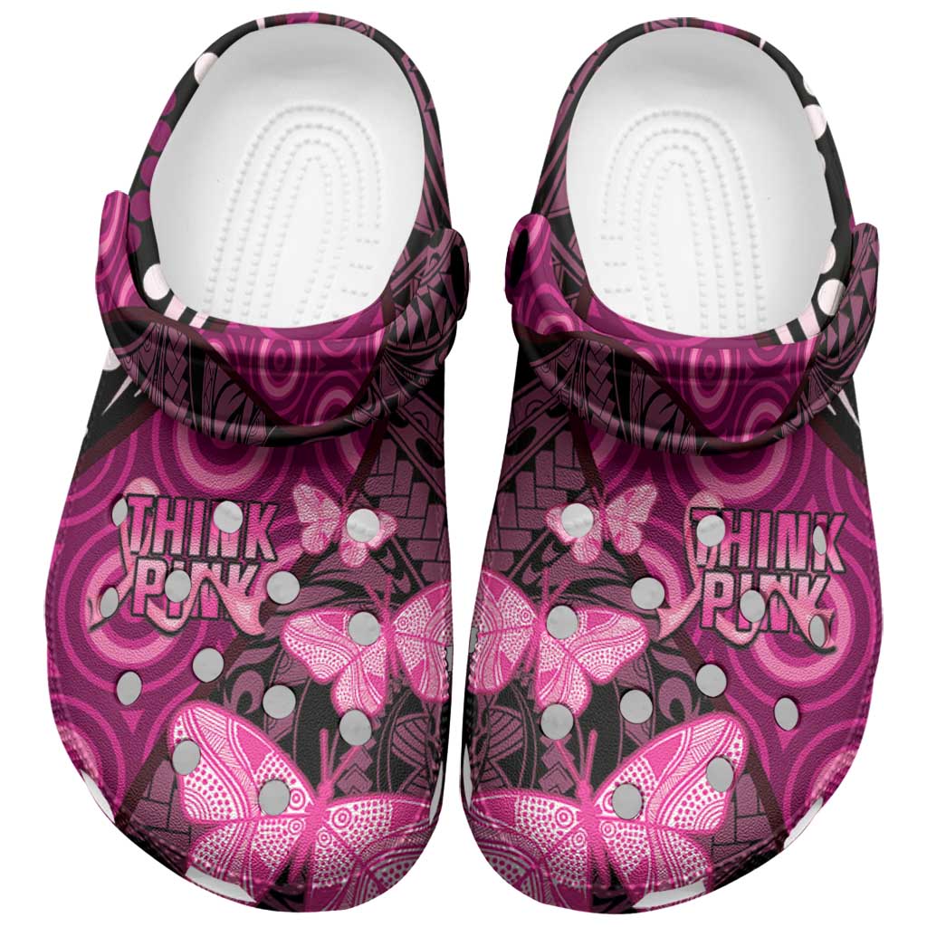 Think Pink Breast Cancer Support Clogs Shoes Butterfly Aboriginal Mix Polynesian Pattern