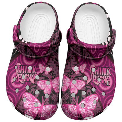 Think Pink Breast Cancer Support Clogs Shoes Butterfly Aboriginal Mix Polynesian Pattern