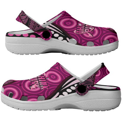 Think Pink Breast Cancer Support Clogs Shoes Butterfly Aboriginal Mix Polynesian Pattern