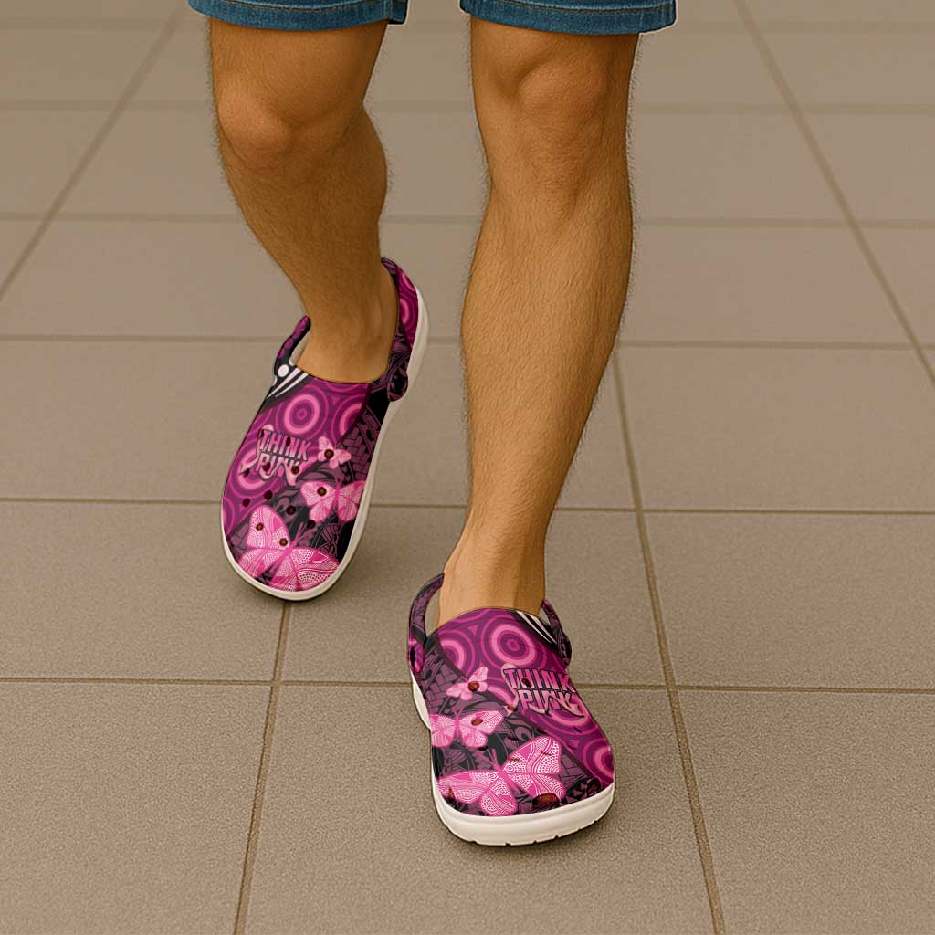 Think Pink Breast Cancer Support Clogs Shoes Butterfly Aboriginal Mix Polynesian Pattern