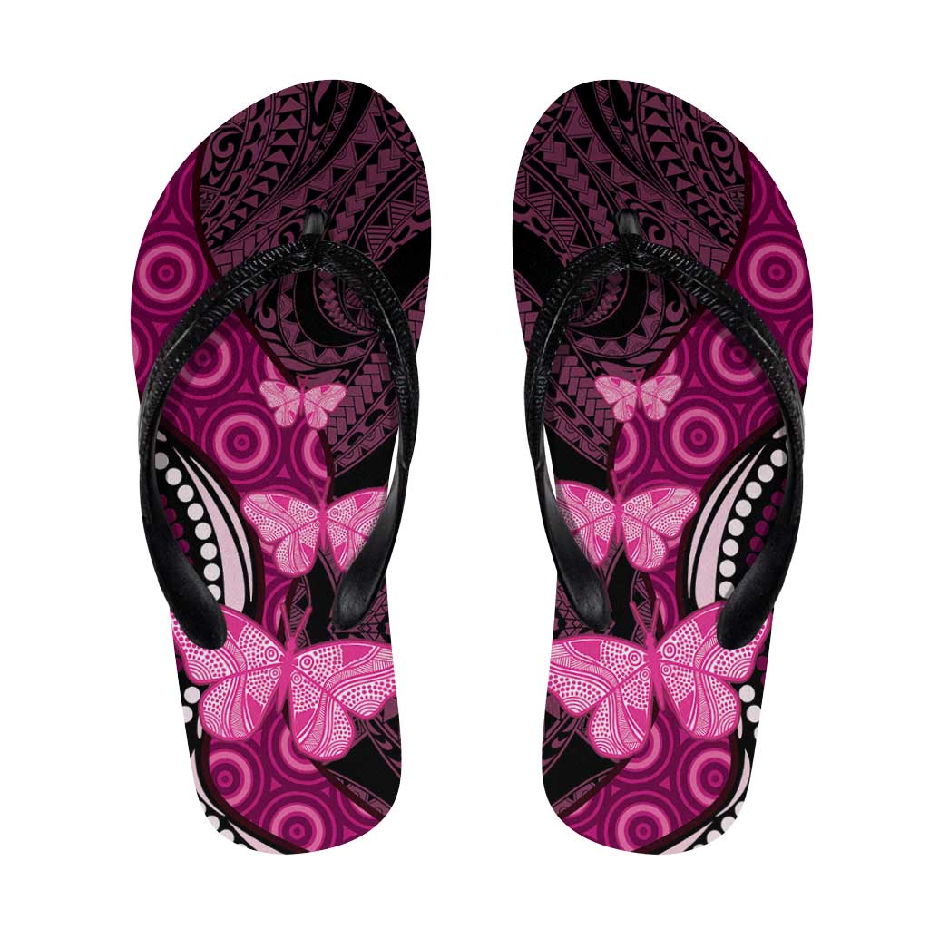 Think Pink Breast Cancer Support Flip Flops Butterfly Aboriginal Mix Polynesian Pattern