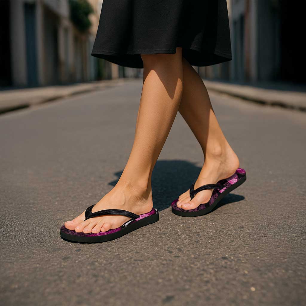 Think Pink Breast Cancer Support Flip Flops Butterfly Aboriginal Mix Polynesian Pattern