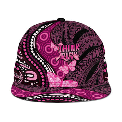 Think Pink Breast Cancer Support Snapback Cap Butterfly Aboriginal Mix Polynesian Pattern