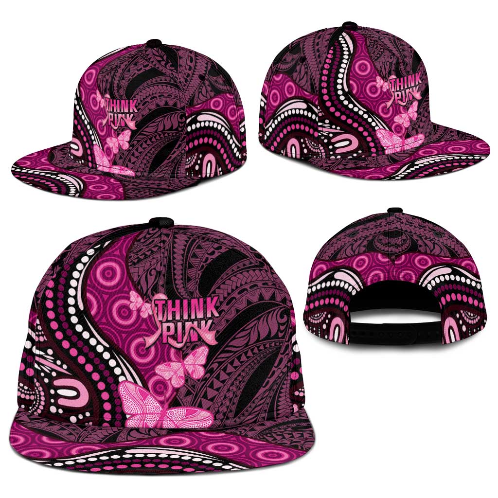 Think Pink Breast Cancer Support Snapback Cap Butterfly Aboriginal Mix Polynesian Pattern