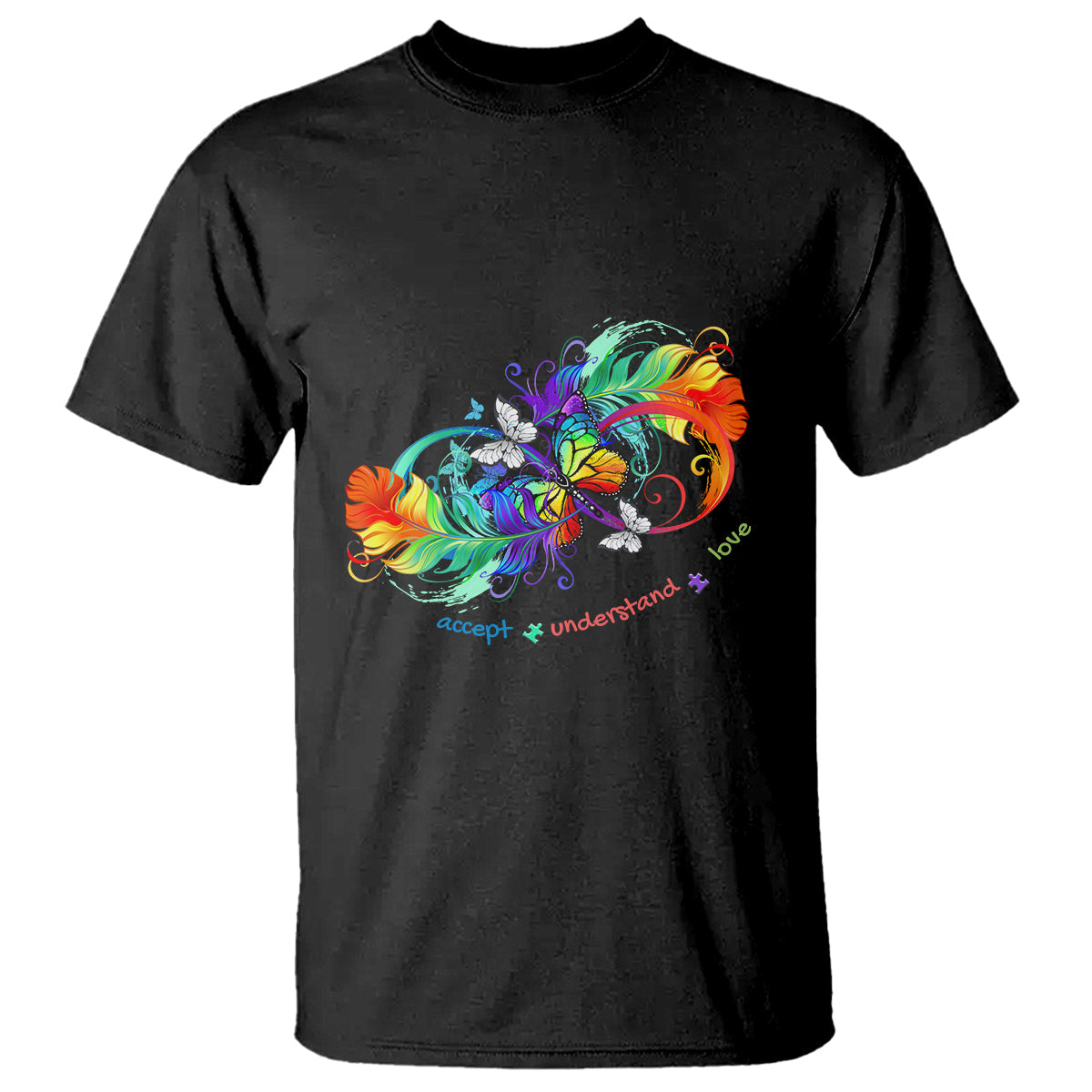 autism-acceptance-t-shirt-accept-understand-love-rainbow-infinity-with-butterfly-feathers