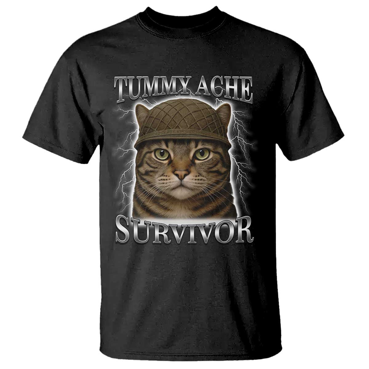 funny-cat-meme-humor-t-shirt-tummy-ache-survivor-lightning-cats-parody
