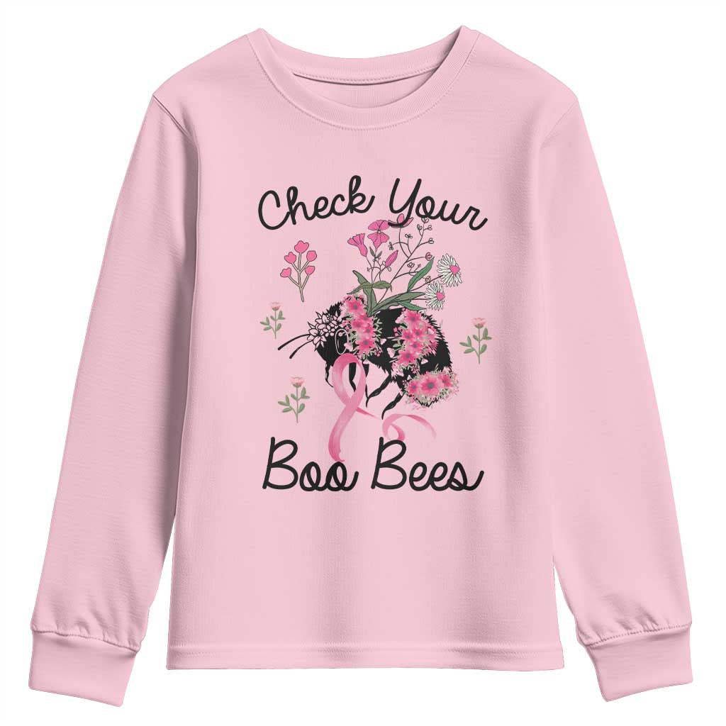 Breast Cancer Support Squad Youth Sweatshirt Check Your Boo Bees Pink Ribbon