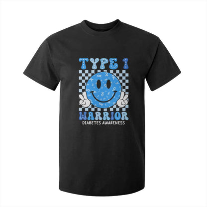 Diabetes Support Squad T Shirt For Kid Blue Ribbon T1D Warrior Retro Groovy