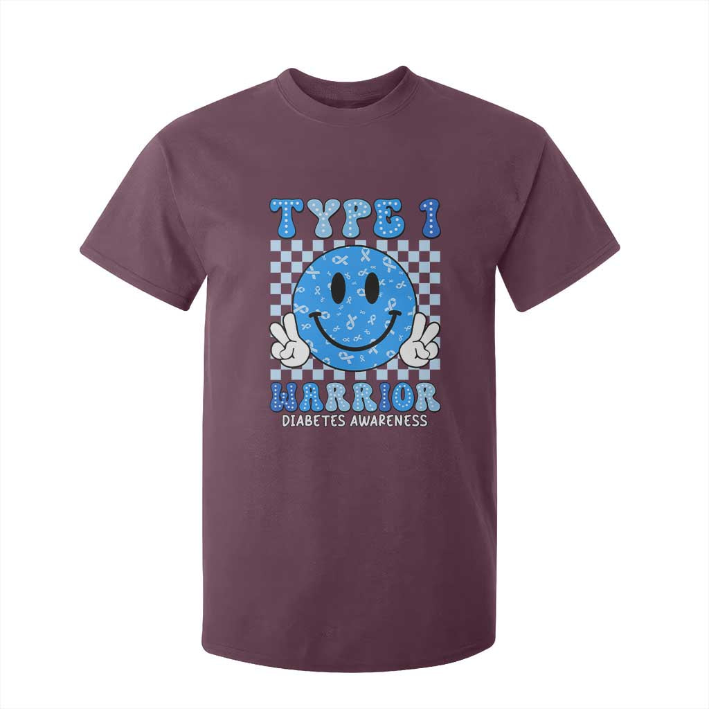 Diabetes Support Squad T Shirt For Kid Blue Ribbon T1D Warrior Retro Groovy