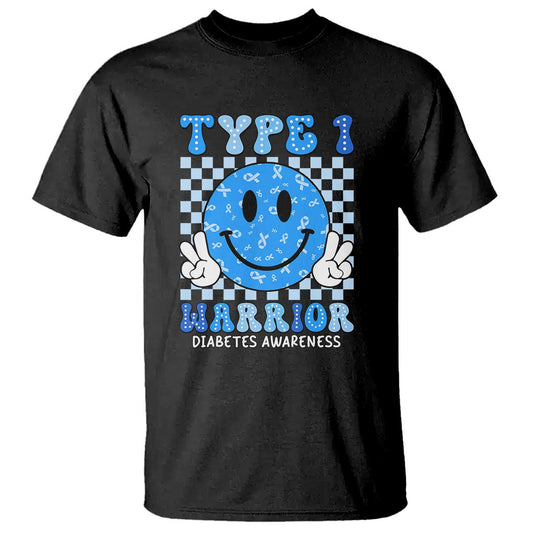 Diabetes Support Squad T Shirt Blue Ribbon T1D Warrior Retro Groovy