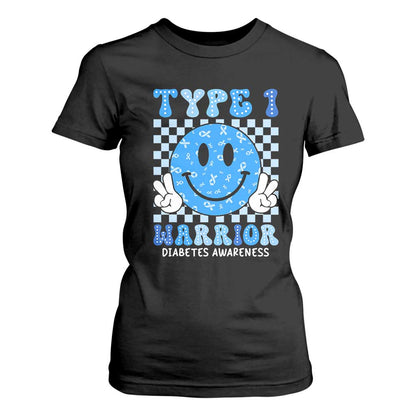 Diabetes Support Squad T Shirt For Women Blue Ribbon T1D Warrior Retro Groovy