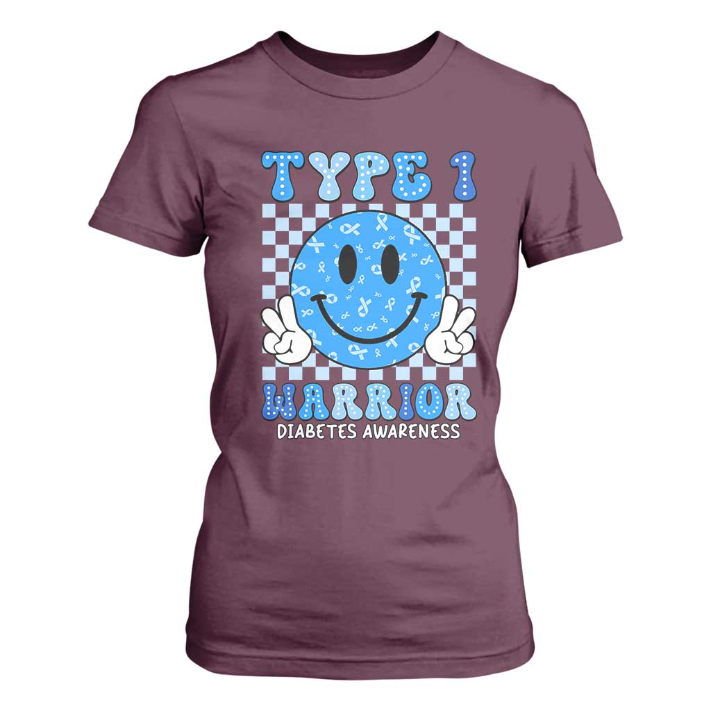 Diabetes Support Squad T Shirt For Women Blue Ribbon T1D Warrior Retro Groovy
