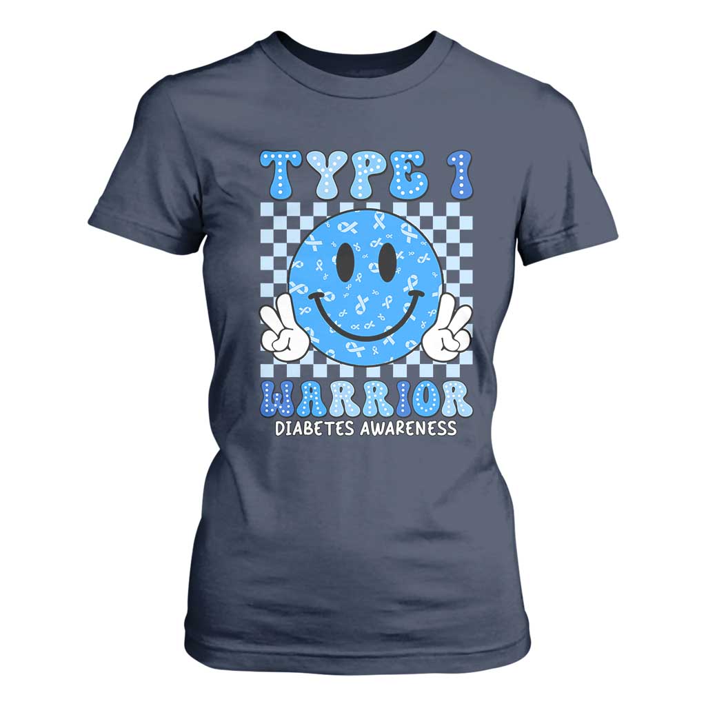 Diabetes Support Squad T Shirt For Women Blue Ribbon T1D Warrior Retro Groovy