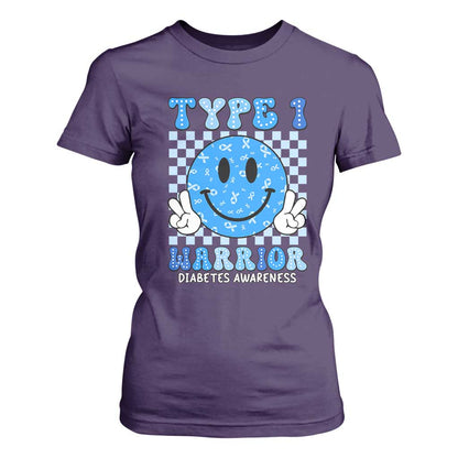 Diabetes Support Squad T Shirt For Women Blue Ribbon T1D Warrior Retro Groovy