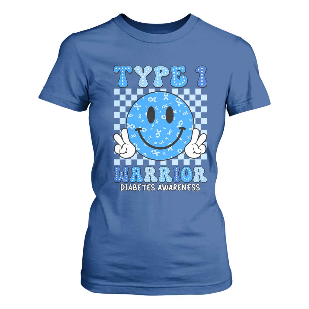 Diabetes Support Squad T Shirt For Women Blue Ribbon T1D Warrior Retro Groovy