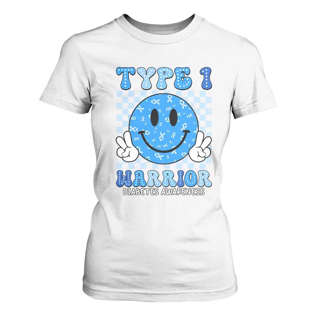 Diabetes Support Squad T Shirt For Women Blue Ribbon T1D Warrior Retro Groovy