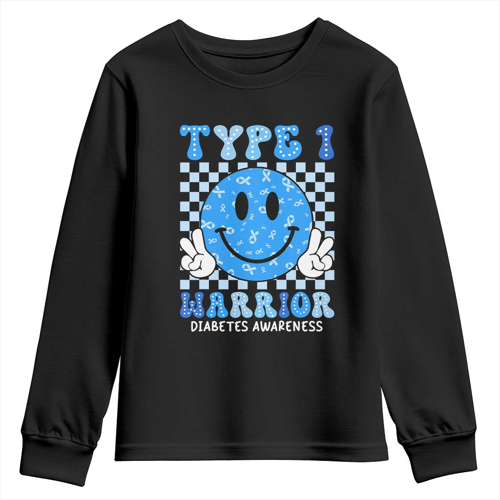 Diabetes Support Squad Youth Sweatshirt Blue Ribbon T1D Warrior Retro Groovy