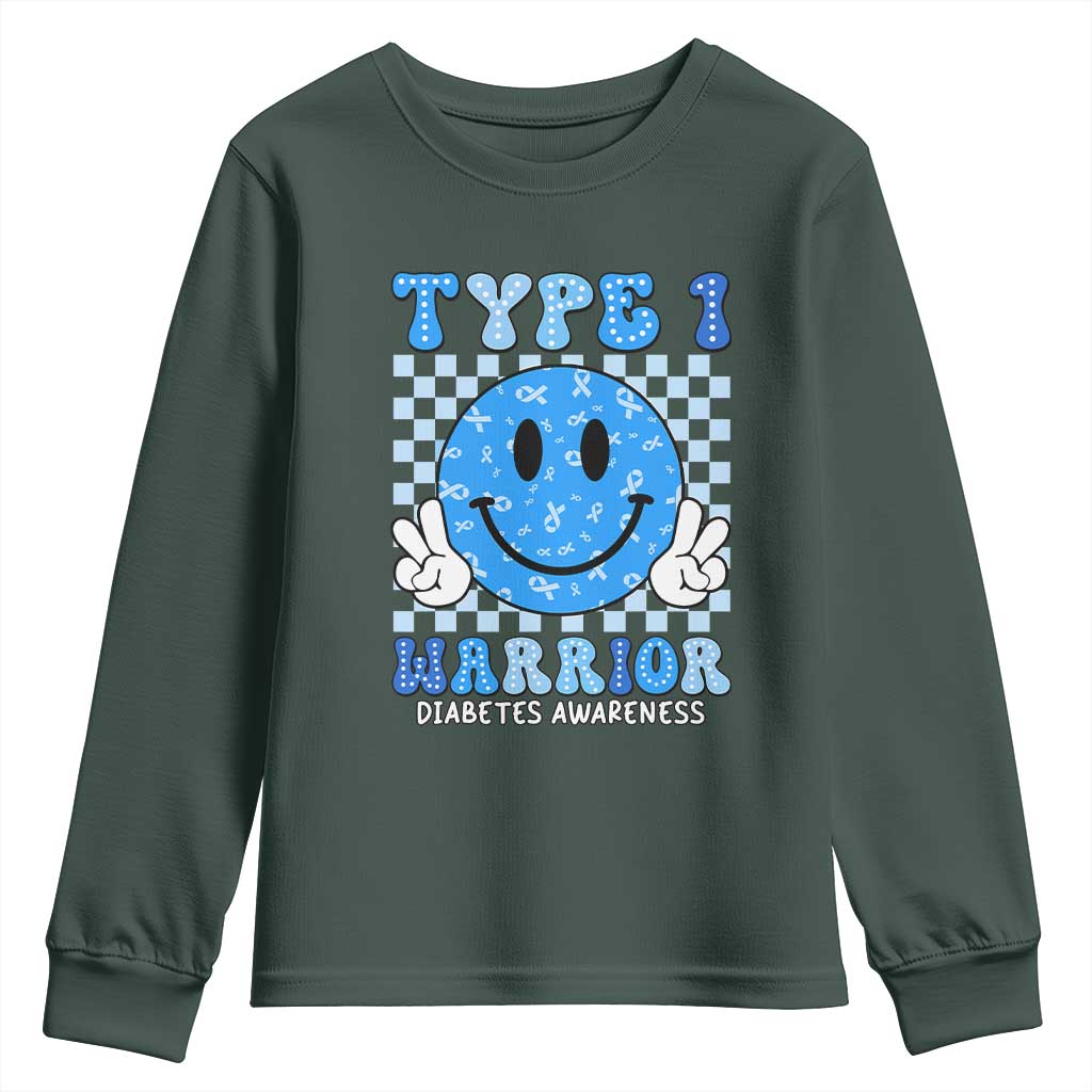 Diabetes Support Squad Youth Sweatshirt Blue Ribbon T1D Warrior Retro Groovy