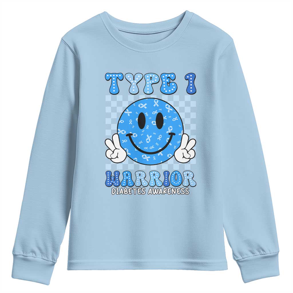 Diabetes Support Squad Youth Sweatshirt Blue Ribbon T1D Warrior Retro Groovy