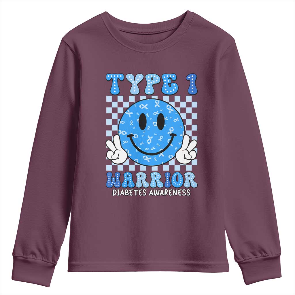 Diabetes Support Squad Youth Sweatshirt Blue Ribbon T1D Warrior Retro Groovy