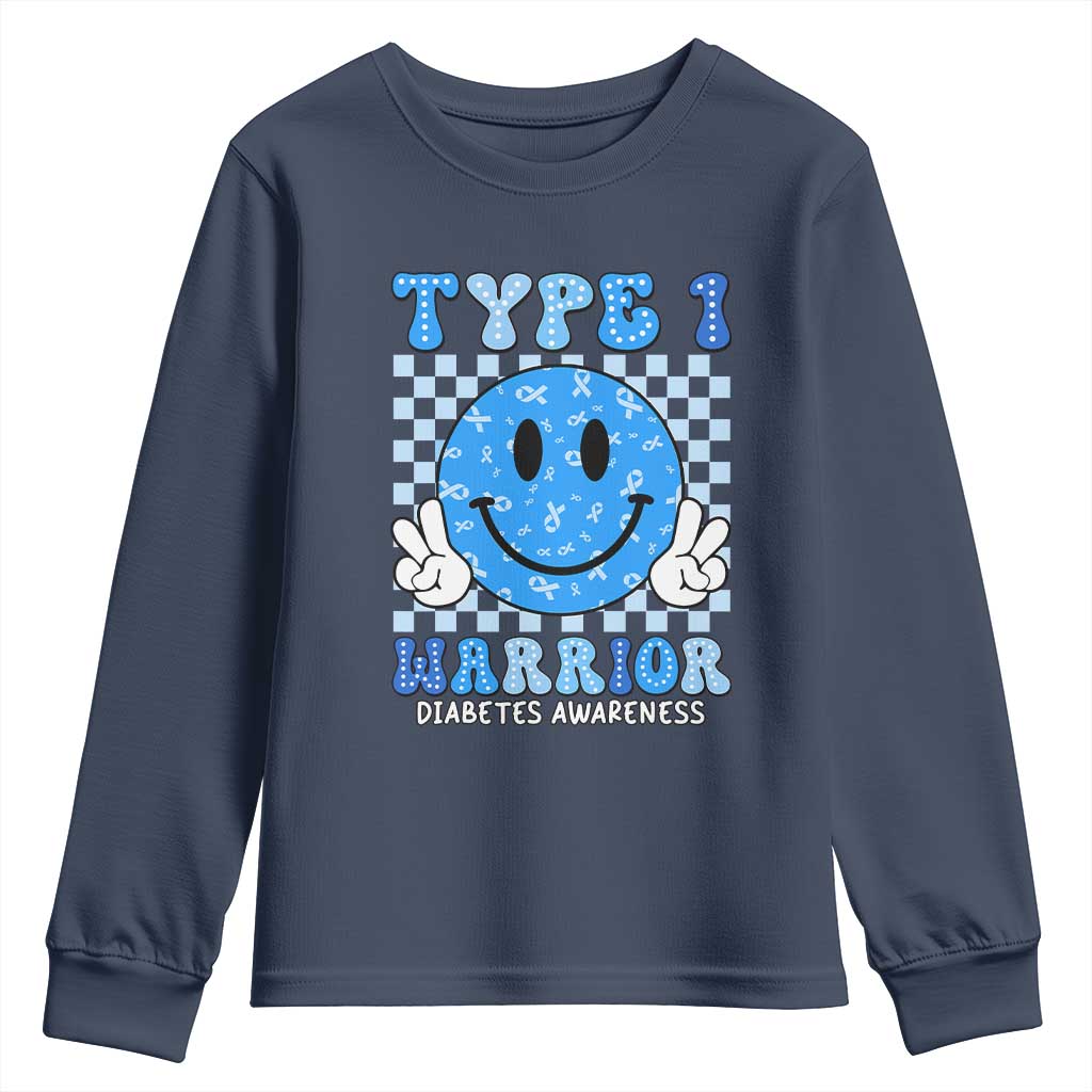 Diabetes Support Squad Youth Sweatshirt Blue Ribbon T1D Warrior Retro Groovy