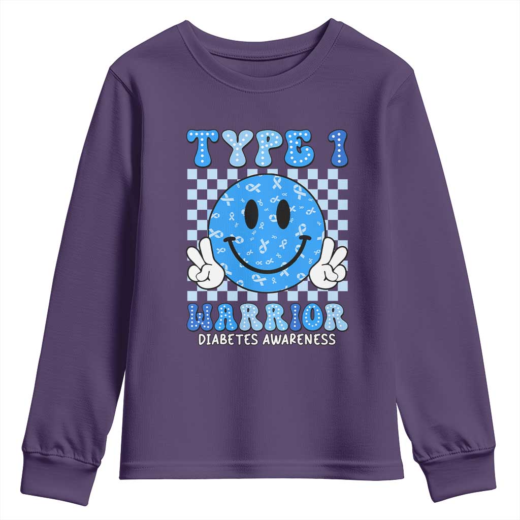 Diabetes Support Squad Youth Sweatshirt Blue Ribbon T1D Warrior Retro Groovy