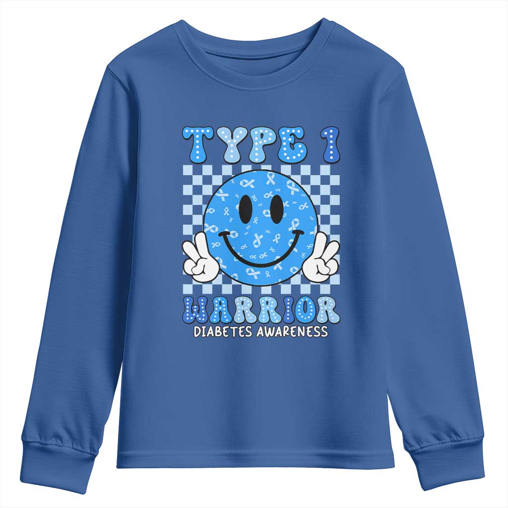 Diabetes Support Squad Youth Sweatshirt Blue Ribbon T1D Warrior Retro Groovy