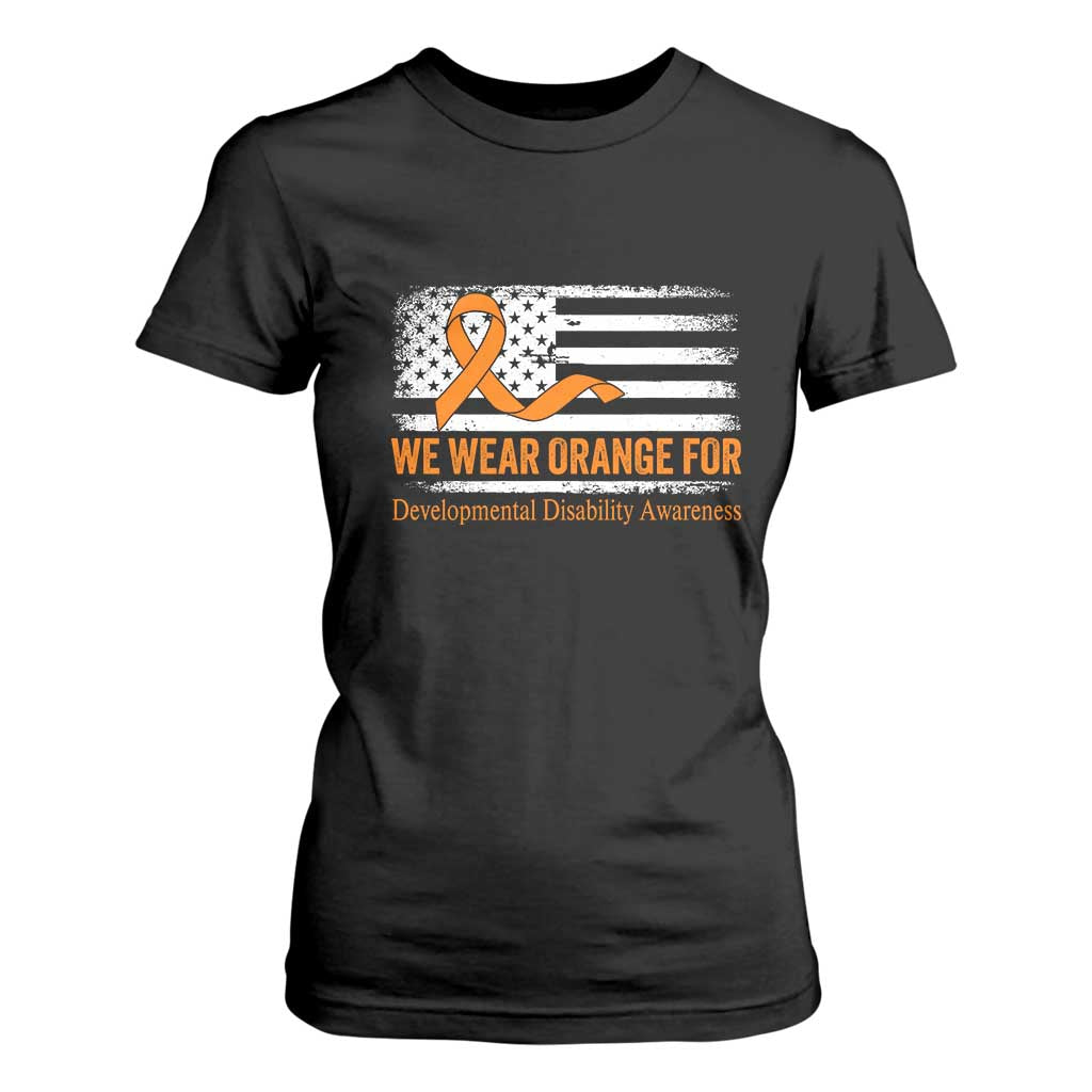 Developmental Disability Support T Shirt For Women US American Flag We Wear Orange