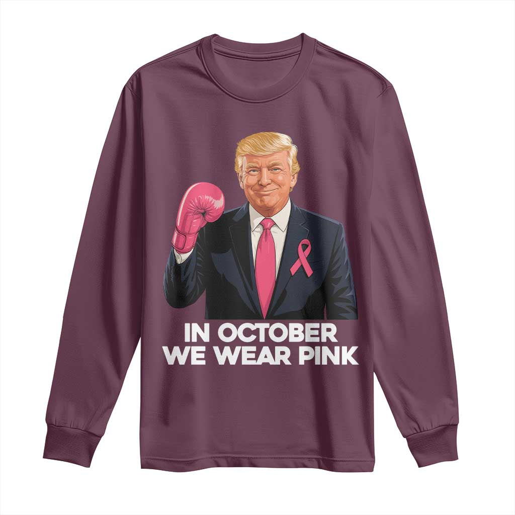 Support Breast Cancer Warrior Long Sleeve Shirt In October We Wear Pink Boxing Glove Fighter