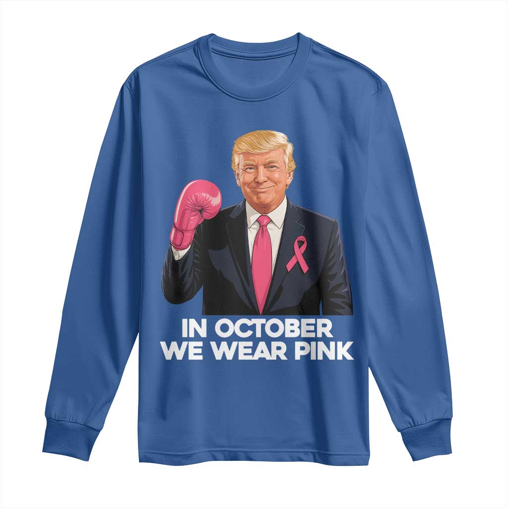 Support Breast Cancer Warrior Long Sleeve Shirt In October We Wear Pink Boxing Glove Fighter