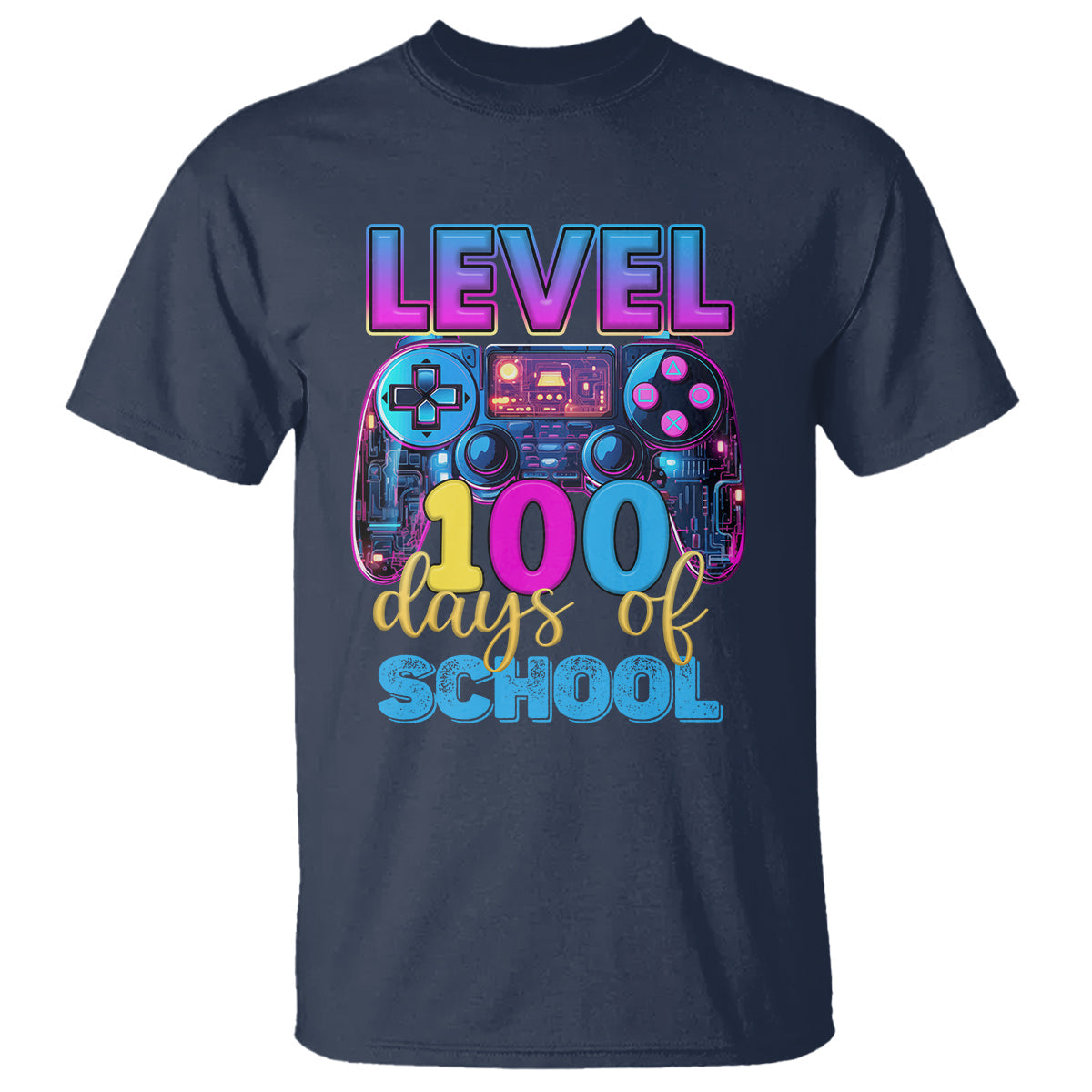 100-days-of-school-gamer-t-shirt-level-100-unlocked-neon-game-controller-1