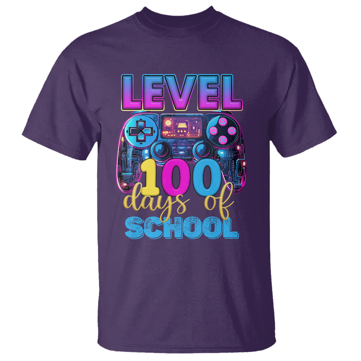 100-days-of-school-gamer-t-shirt-level-100-unlocked-neon-game-controller-1