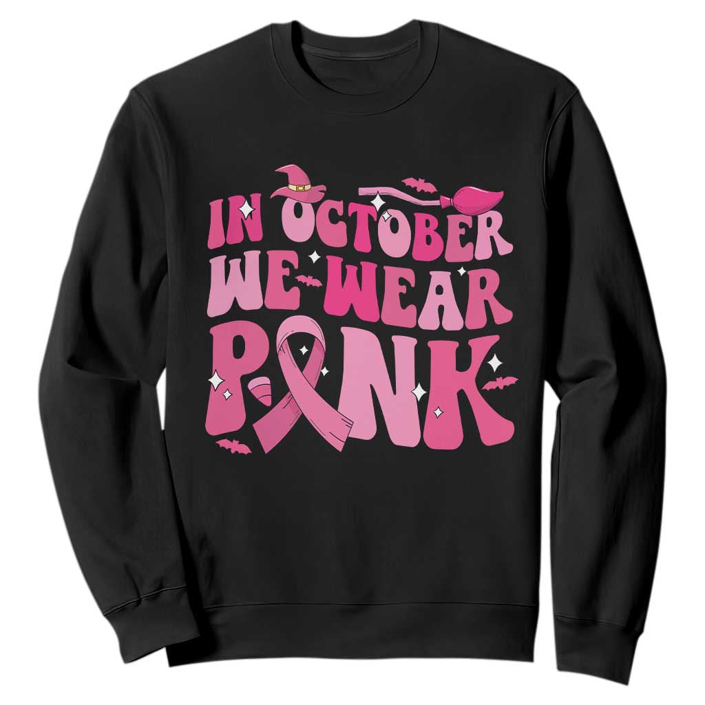 Breast Cancer Witch Support Squad Sweatshirt In October We Wear Pink Ribbon Halloween