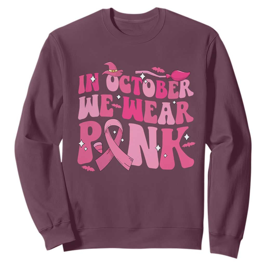 Breast Cancer Witch Support Squad Sweatshirt In October We Wear Pink Ribbon Halloween