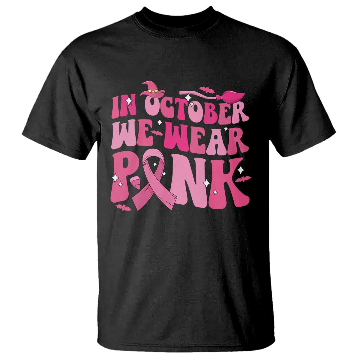 Breast Cancer Witch Support Squad T Shirt In October We Wear Pink Ribbon Halloween