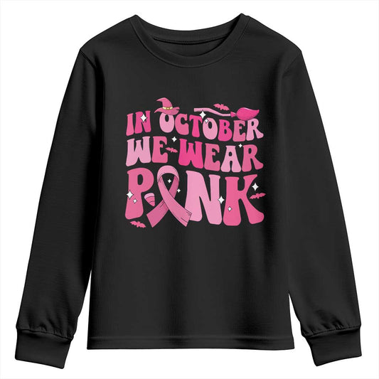 Breast Cancer Witch Support Squad Youth Sweatshirt In October We Wear Pink Ribbon Halloween