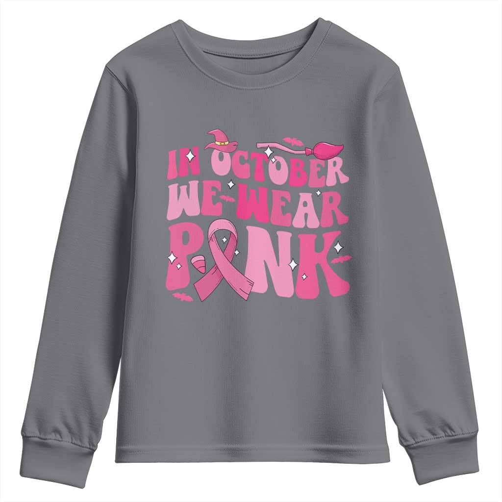 Breast Cancer Witch Support Squad Youth Sweatshirt In October We Wear Pink Ribbon Halloween