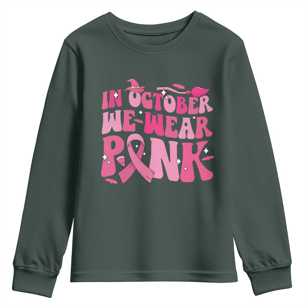 Breast Cancer Witch Support Squad Youth Sweatshirt In October We Wear Pink Ribbon Halloween