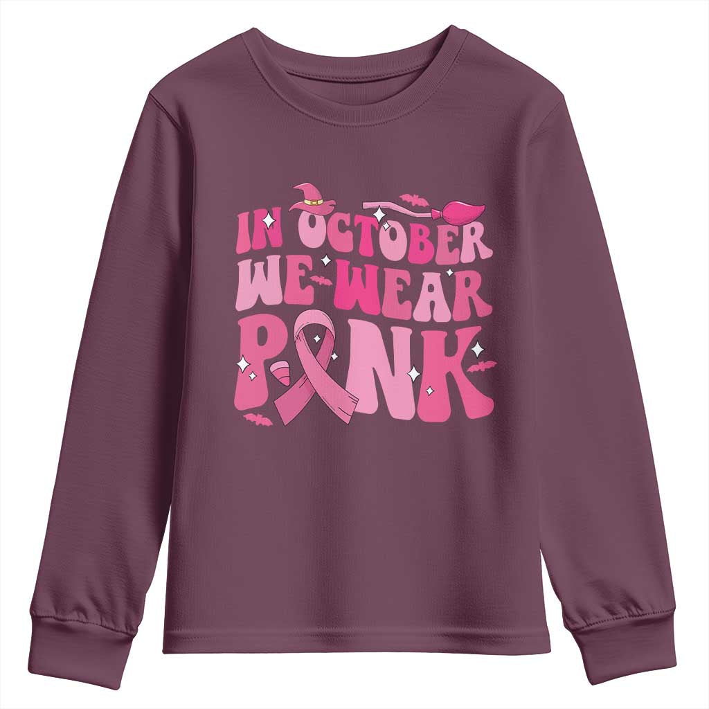 Breast Cancer Witch Support Squad Youth Sweatshirt In October We Wear Pink Ribbon Halloween