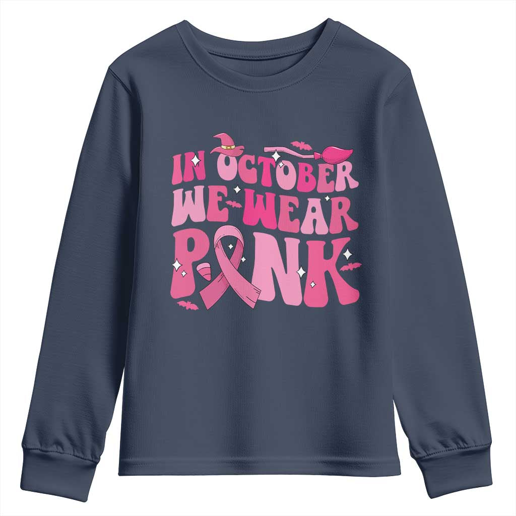 Breast Cancer Witch Support Squad Youth Sweatshirt In October We Wear Pink Ribbon Halloween