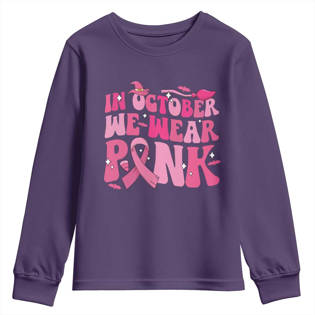 Breast Cancer Witch Support Squad Youth Sweatshirt In October We Wear Pink Ribbon Halloween
