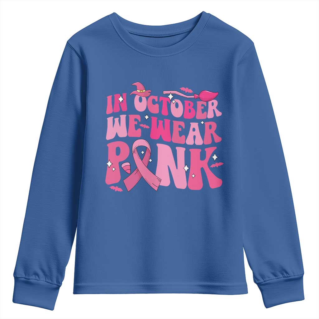 Breast Cancer Witch Support Squad Youth Sweatshirt In October We Wear Pink Ribbon Halloween
